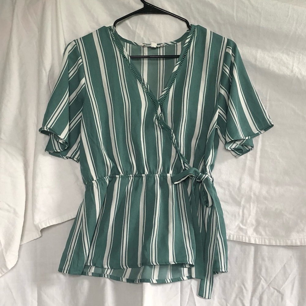 Green and White Faux Wrap Top